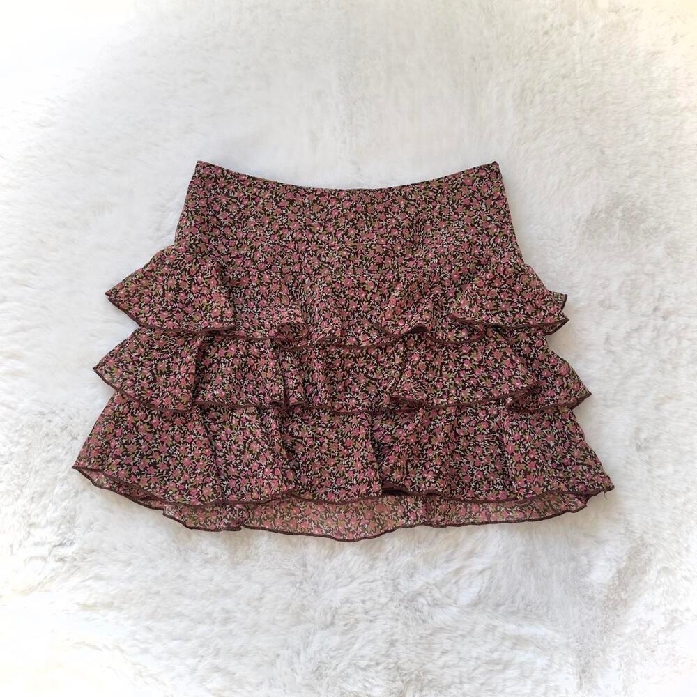 Xhileration Floral Mini Skirt Tiered Juniors Small Pink Ruffle Ditsy Y2K Vintage